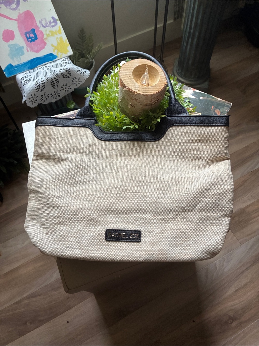 Rachel Zoe Natural Canvas Tote with Black Trim and Handles